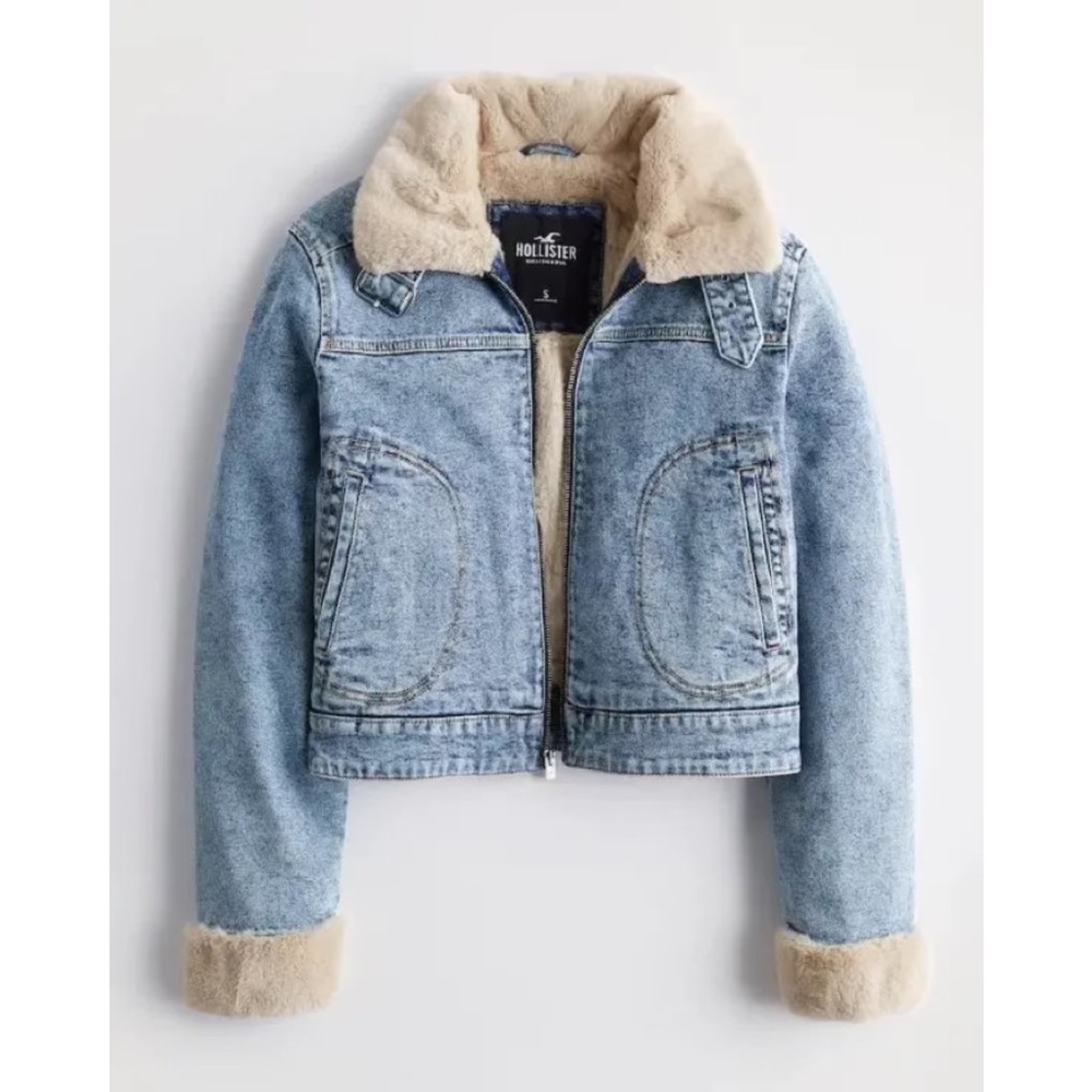 Hollister Faux Fur Cropped Blue Denim Biker Jacket | Size XL | NWT